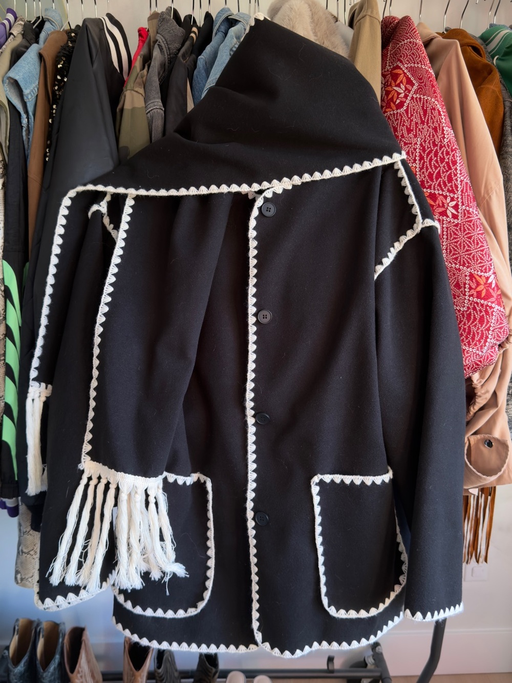 Black Hooded Fringe Coat with White Trim